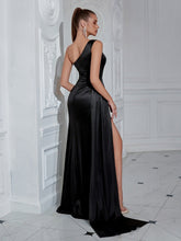 Black One Shoulder Satin Split Draped Prom Dress
